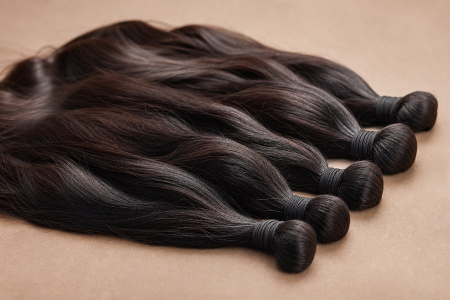 Long glossy dark Indian Remy hair bundles arranged to show premium craftsmanship.