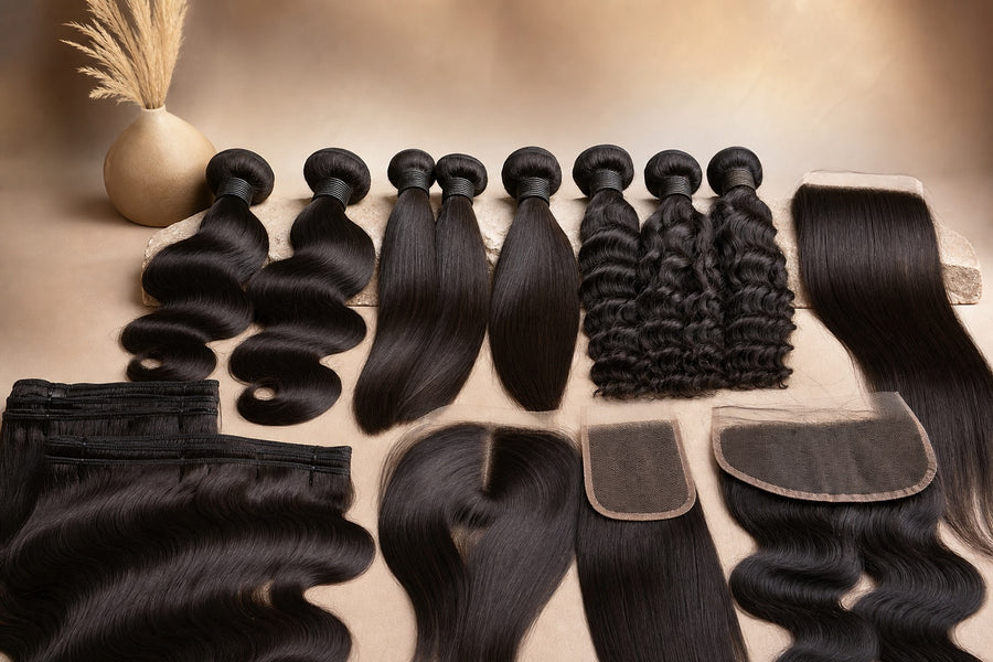An organized range of hair extension wefts and bundles as a salon product line.