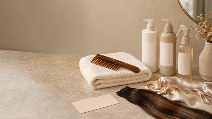 Hair extension care and maintenance products laid out.