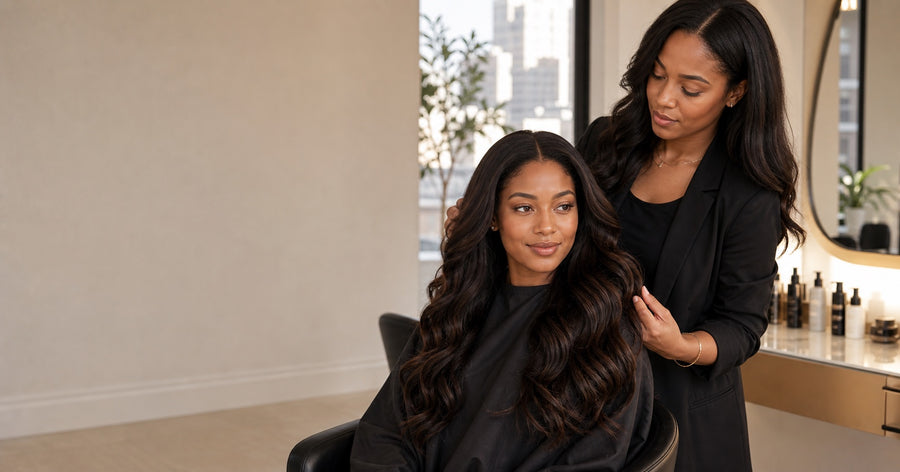 A professional stylist consulting with a client in a modern salon.