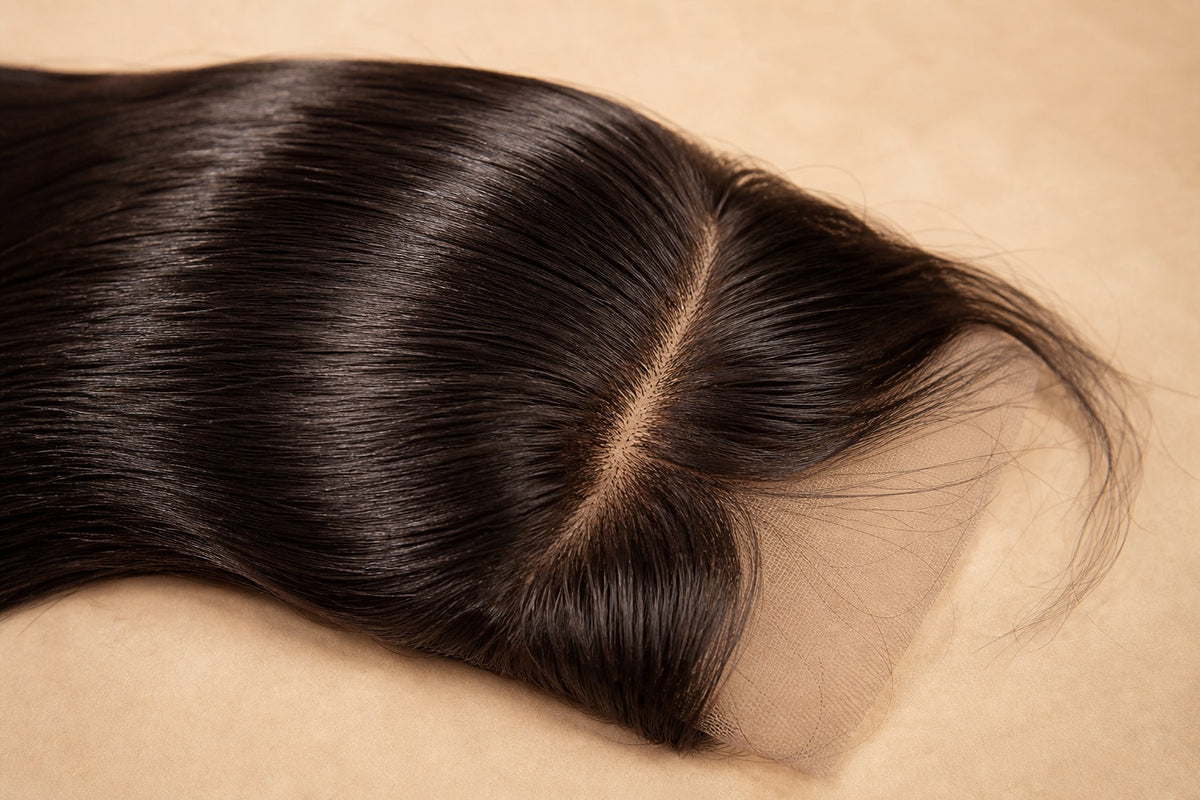 A dark human hair lace closure laid flat showing its natural part.
