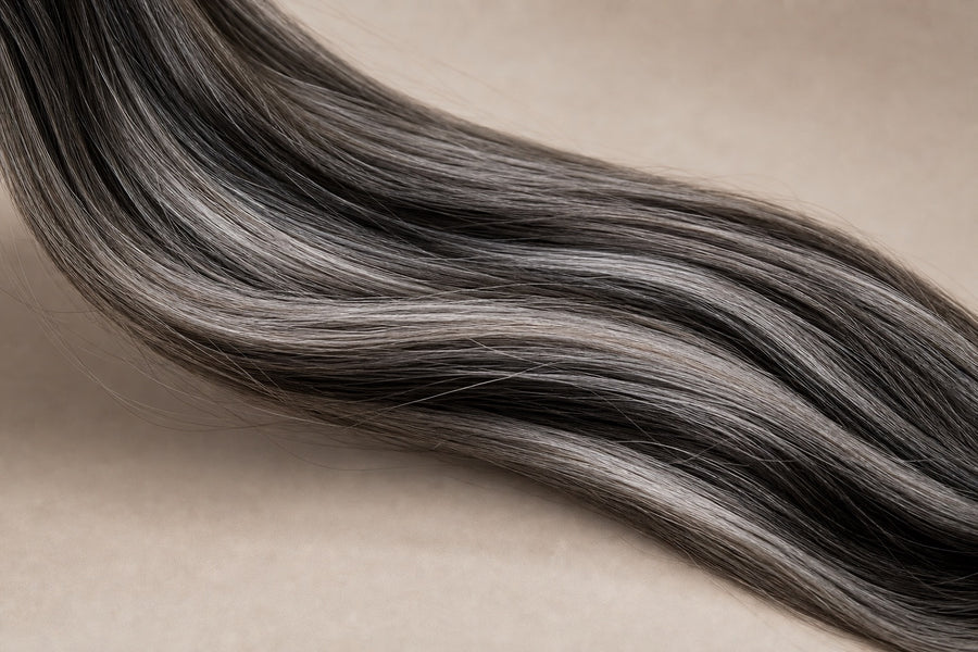 Natural grey salt-and-pepper hair strands blended without bleach.