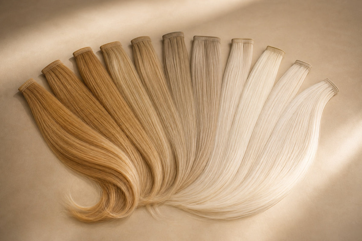 Several blonde hair extension strands in graduated shades fanned together.