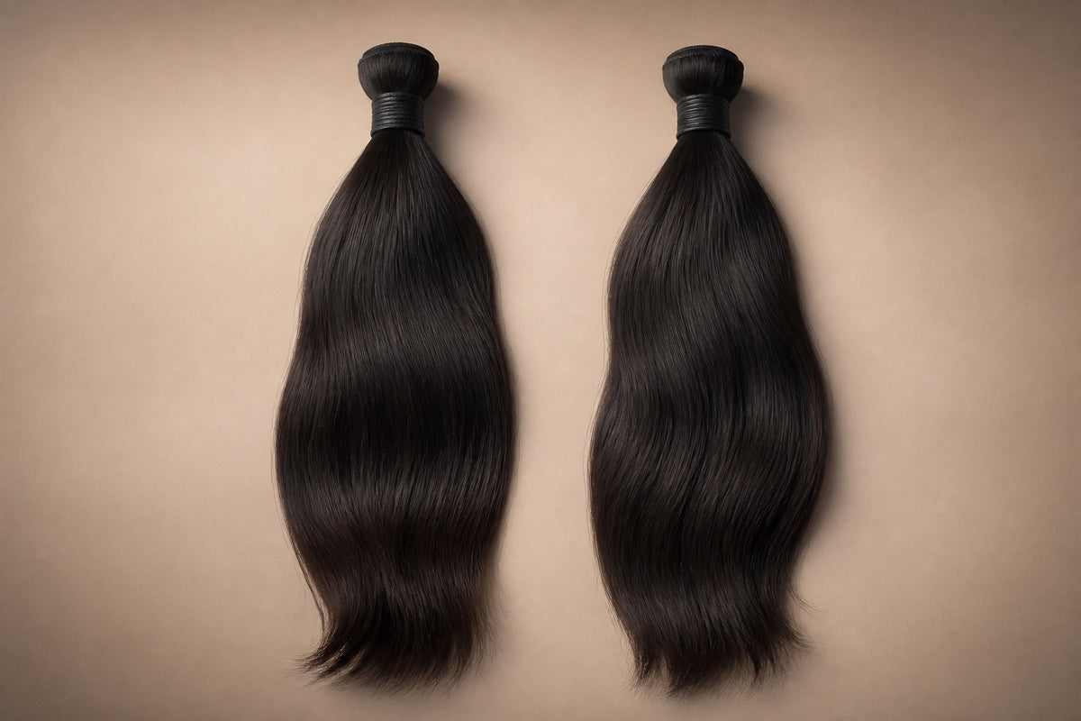 Two similar dark hair bundles side by side questioning origin labels.