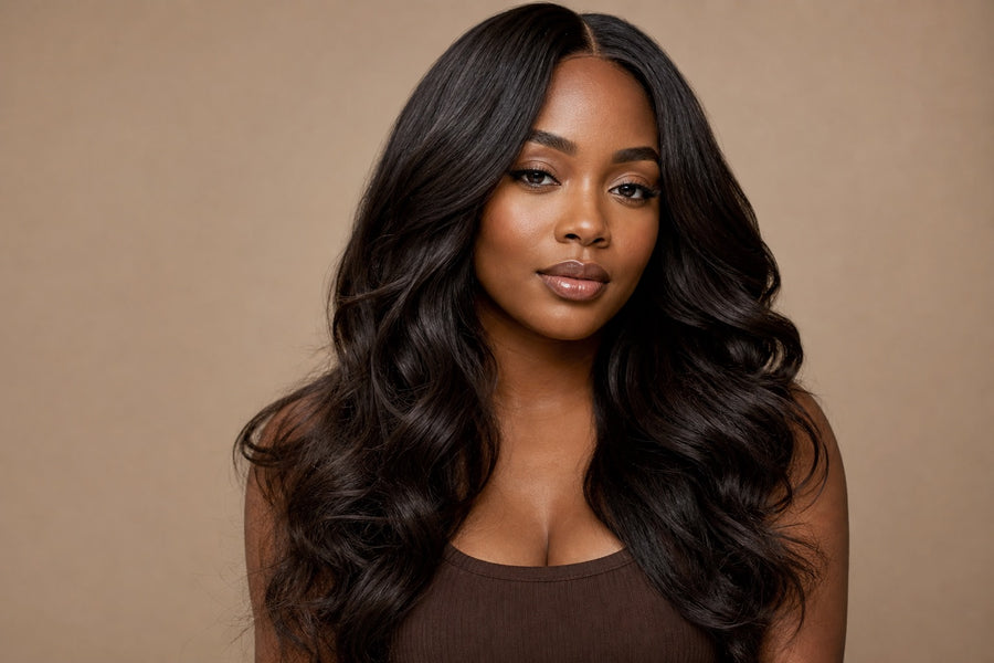 A confident Black woman with full, glossy, beautifully styled hair.