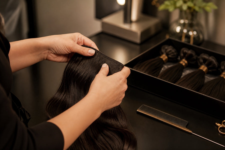 A stylist's hands working with a dark hair weft at a refined salon station.