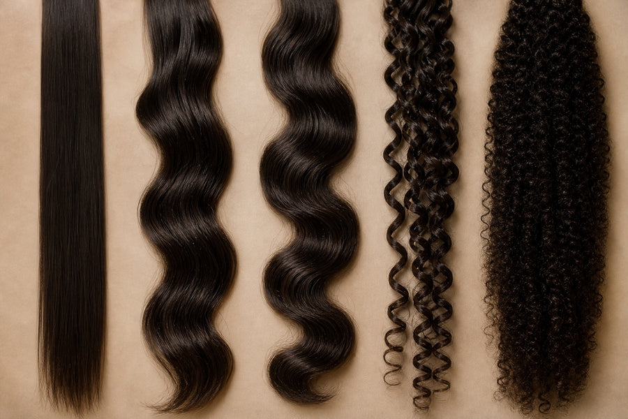 Five human-hair textures side by side: straight, natural wave, body wave, loose curl, and kinky curl.