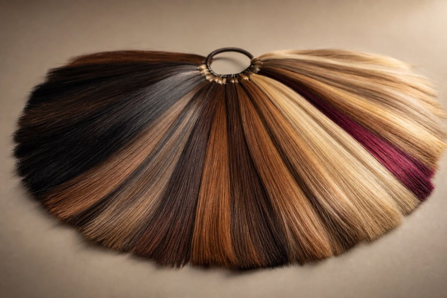A fan of human-hair shade swatches from black through blonde.