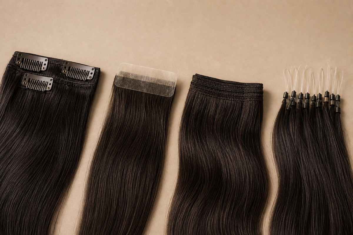 Clip-in, tape-in, sew-in weft and micro-link extension types compared side by side.