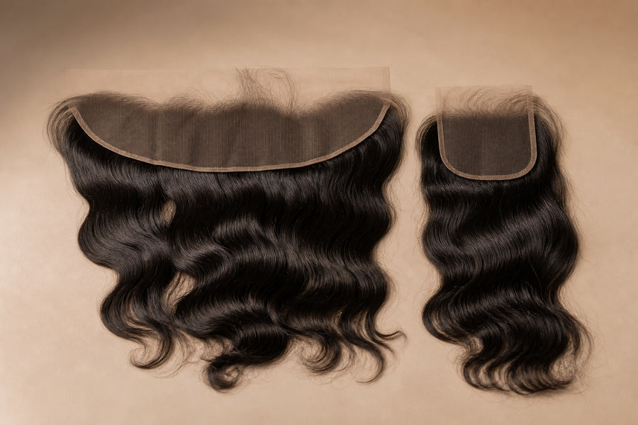 A lace frontal and a smaller lace closure shown side by side for comparison.