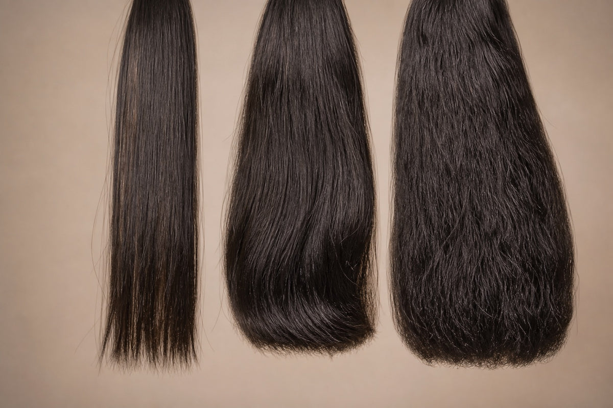 Fine, medium and coarse hair samples arranged to compare texture.