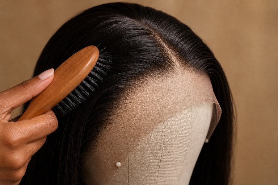 A lace-front human-hair wig being gently brushed on a head form.