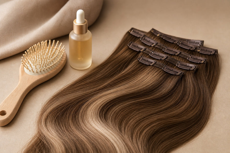 A glossy clip-in extension set with a soft brush and care serum.