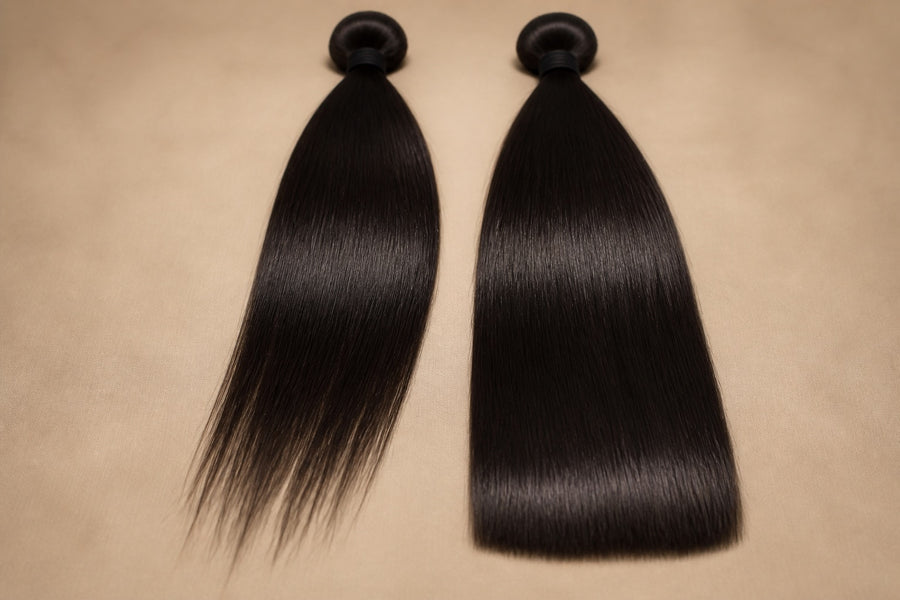 Two dark hair bundles compared: one tapering at the ends, one full to the tips.