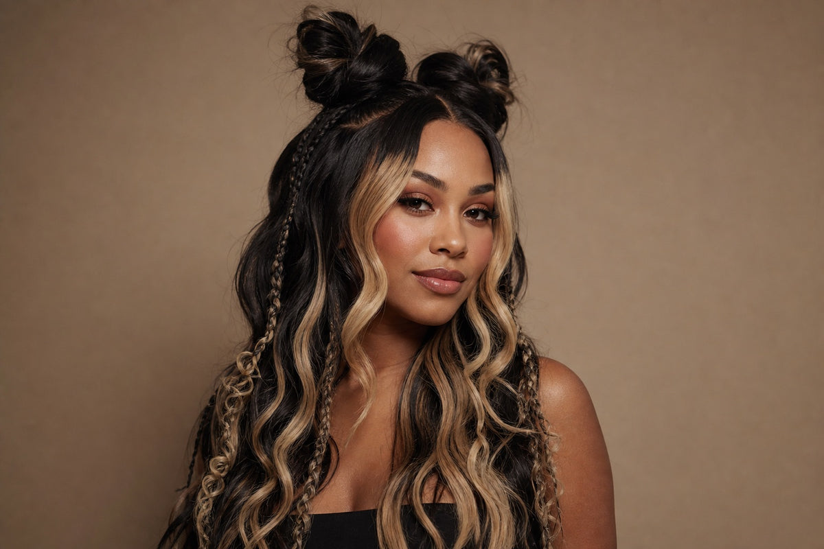 A woman with a dramatic statement hairstyle created with extensions.
