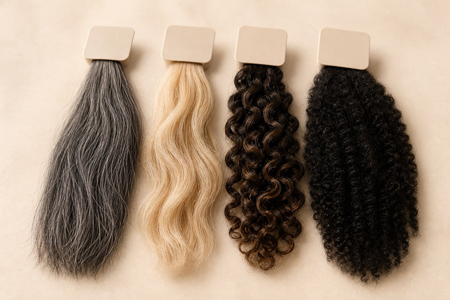 Varied human-hair test tresses: grey, blonde, curly, and coily.