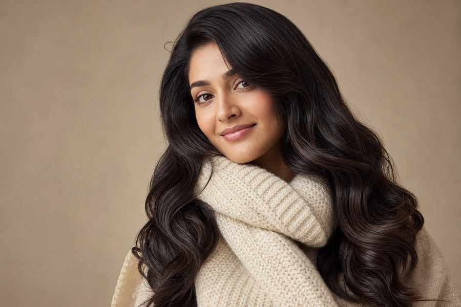 A woman with glossy hair and a soft knit scarf in warm winter light.