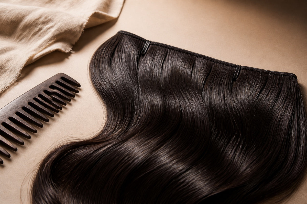 A dark hair weft beside a wide-tooth comb in a gentle care still life.