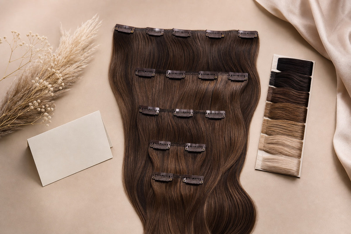 A first-timer's clip-in extension set beside a shade-and-texture sample fan.