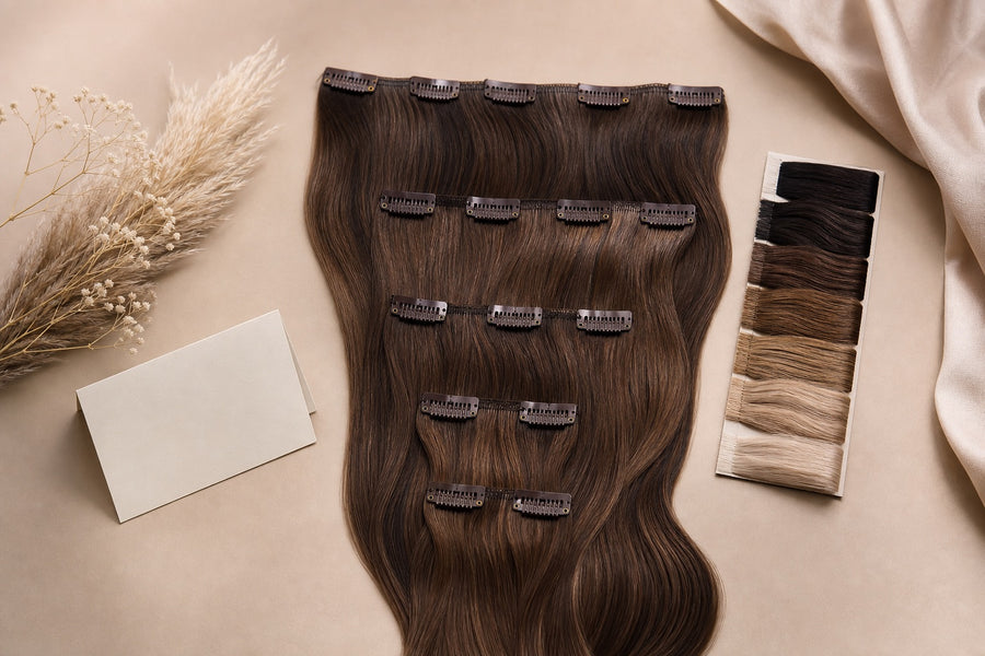 A first-timer's clip-in extension set beside a shade-and-texture sample fan.