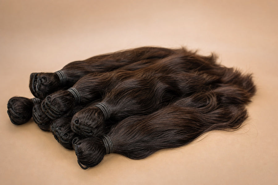 Bundles of raw dark Indian temple hair arranged as sourced supply.