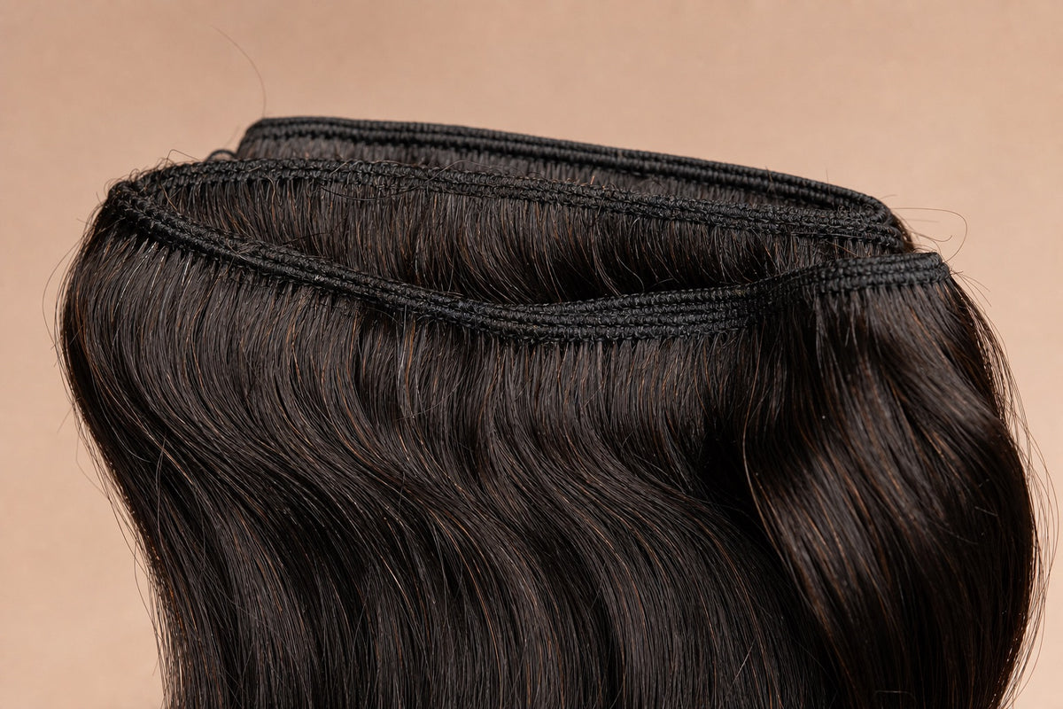 A dark hair weft examined closely revealing its true texture and construction.