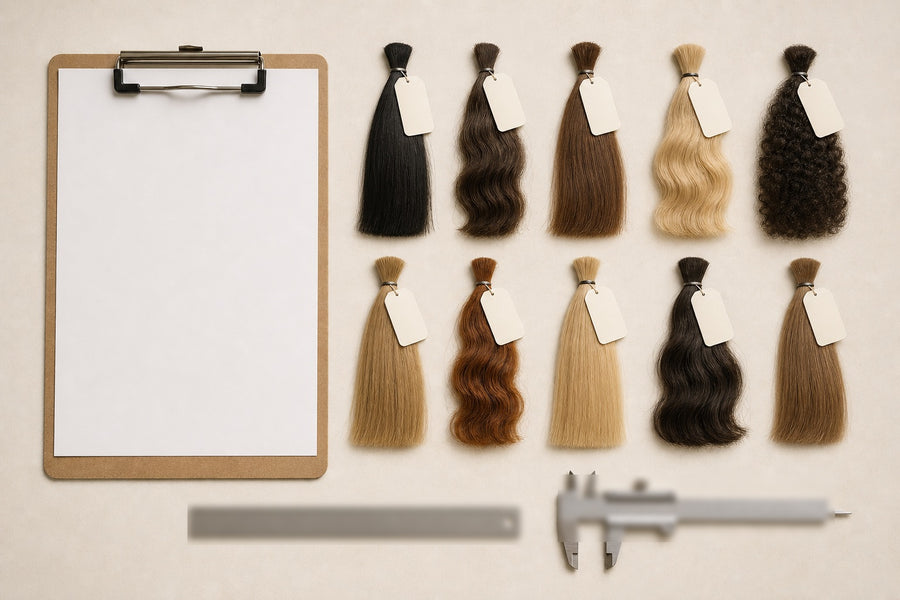 A flat-lay of labeled human-hair test tresses with a clipboard, ruler, and calipers.