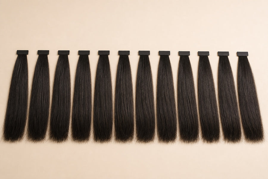 A row of standardized human-hair test tresses bound with tabs.