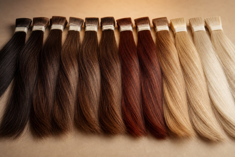Orderly human-hair test tresses bound with tabs for scientific testing.