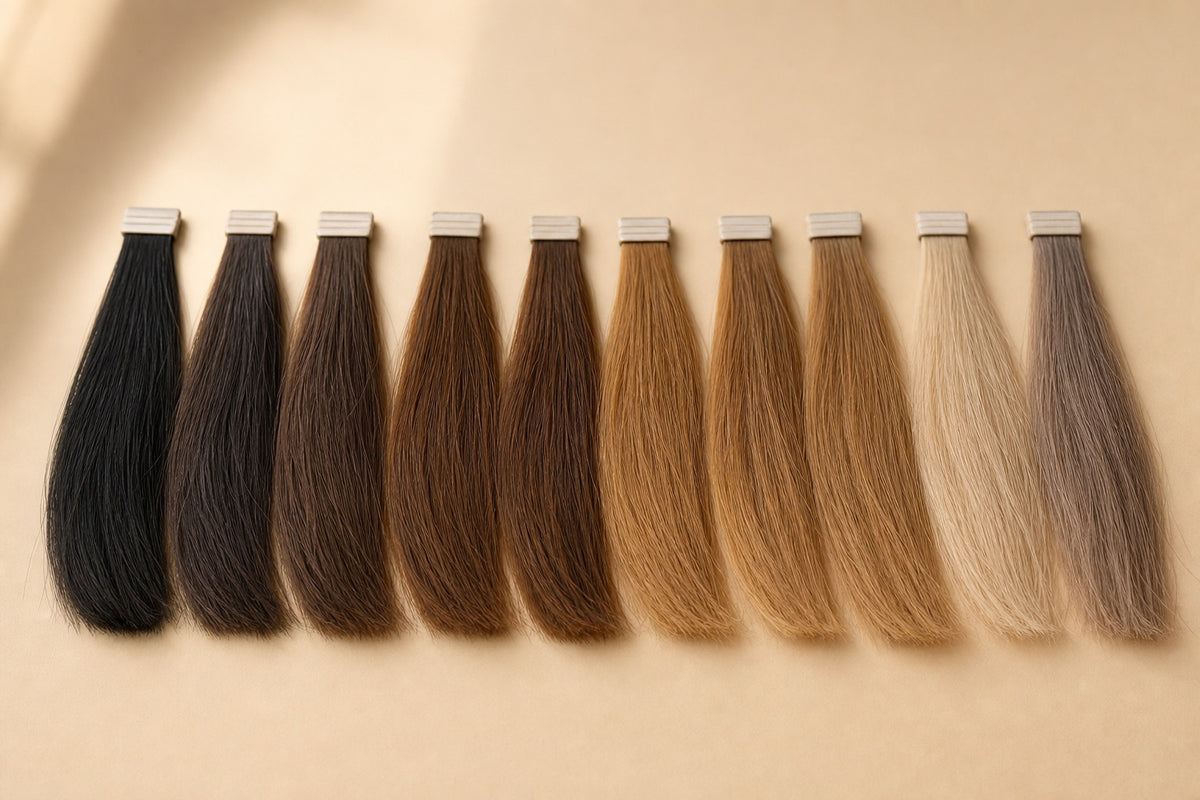 Orderly human-hair test tresses bound with tabs for chemical testing.