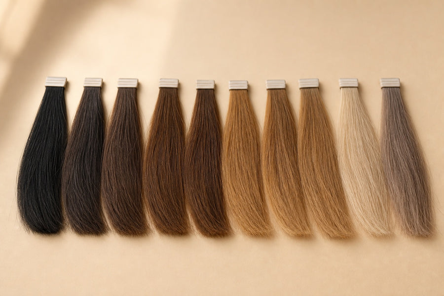 Orderly human-hair test tresses bound with tabs for chemical testing.
