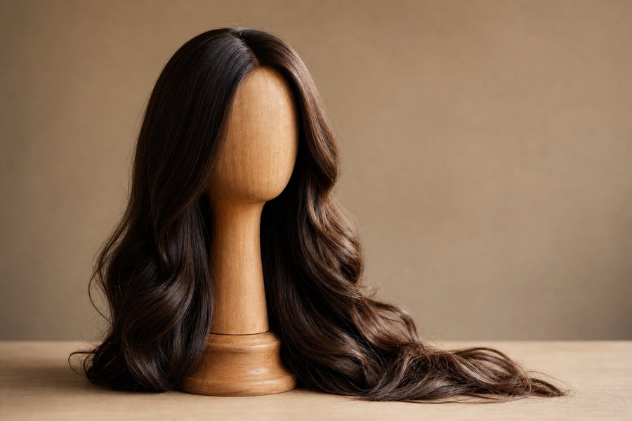 A long human-hair wig displayed on a wooden head form.