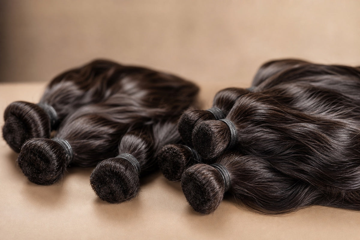 Tied bundles of dark human hair arranged as starting inventory for a business.