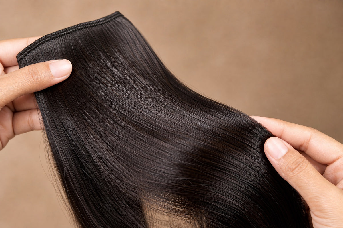A dark hair weft inspected closely to show alignment and healthy shine.