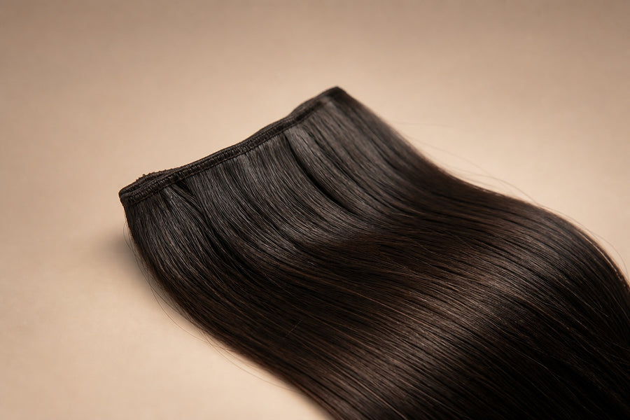 An affordable yet healthy-looking dark hair weft shown with clean shine.