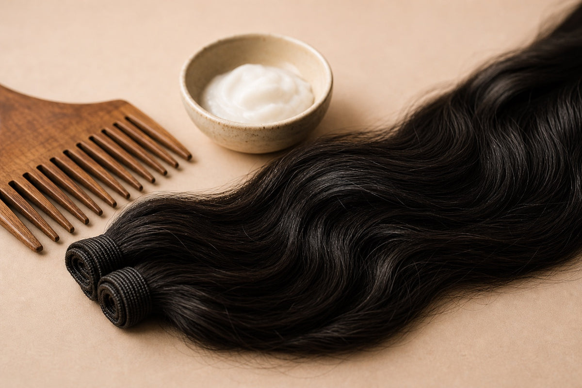 A raw dark Indian hair weft beside gentle care items in a soft still life.