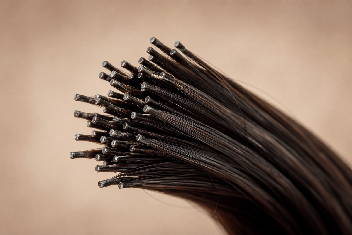 A macro of I-tip hair extension strands with their small keratin tips.