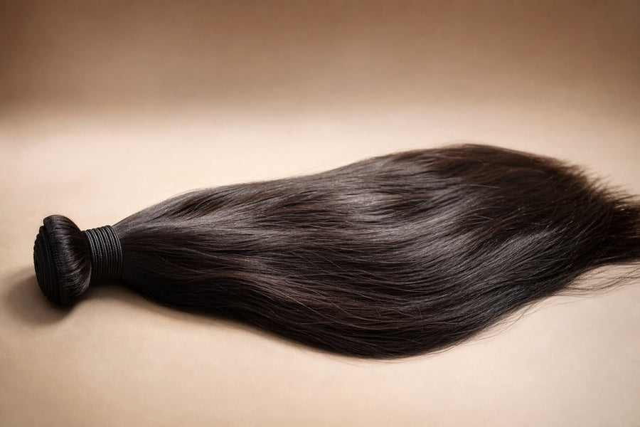 A long bundle of glossy dark Indian Remy hair with aligned cuticle.