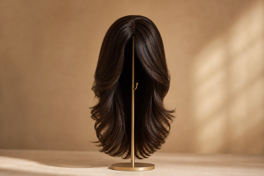 A natural full human hair wig shown warmly and dignified on a clean stand.