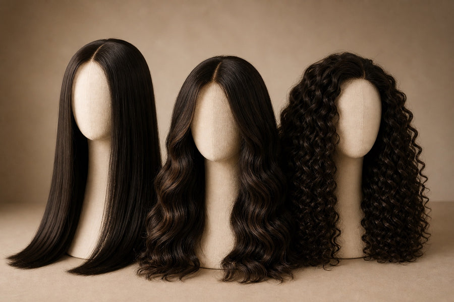 Three human-hair wigs in straight, wavy, and curly styles on head forms.