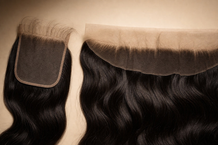 A lace closure and a wider lace frontal shown together to compare hairlines.