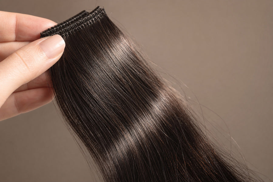 A premium human-hair weft held to the light showing cuticle shine.