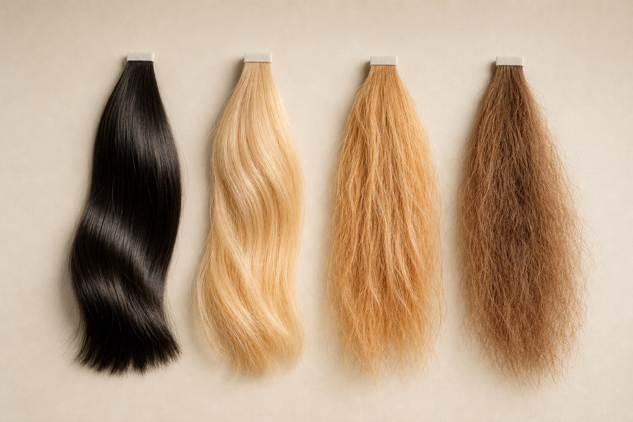 Four human-hair test tresses compared: raw, bleached, processed, and damaged.