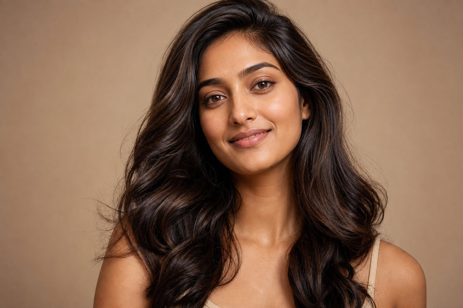 A woman with long, voluminous, glossy wavy hair.