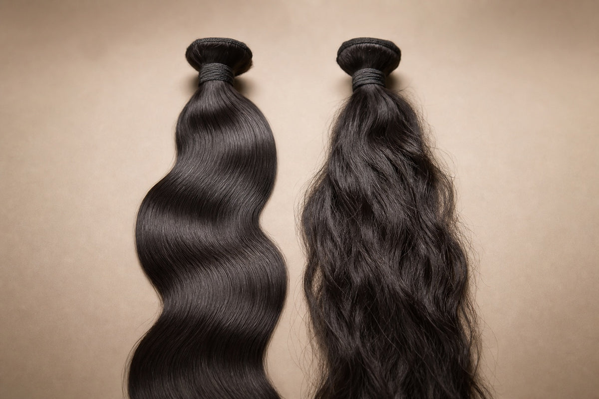 Two dark hair bundles side by side comparing durable Remy vs non-Remy hair.