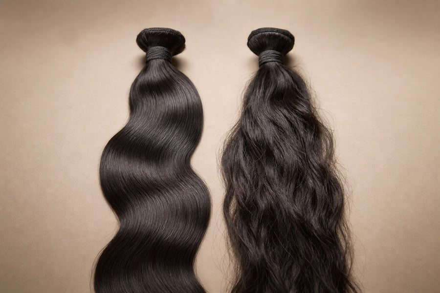 Two dark hair bundles side by side comparing durable Remy vs non-Remy hair.