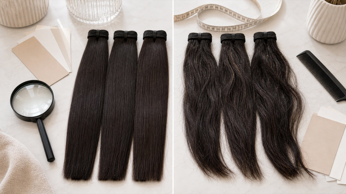Two sets of Indian Remy hair wefts compared side by side — uniform blunt ends versus naturally tapered single-drawn ends — with a magnifying glass, measuring tape and color swatches.
