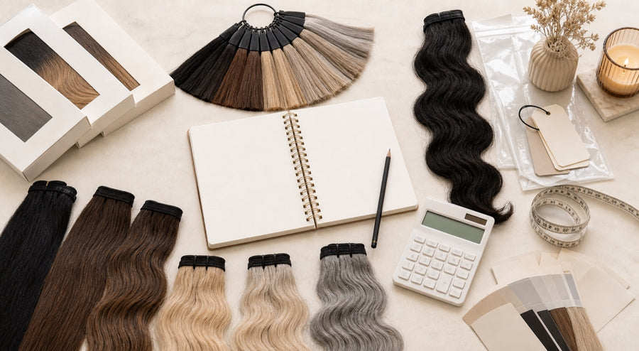 Hair samples and planning notes laid out for wholesale sourcing.