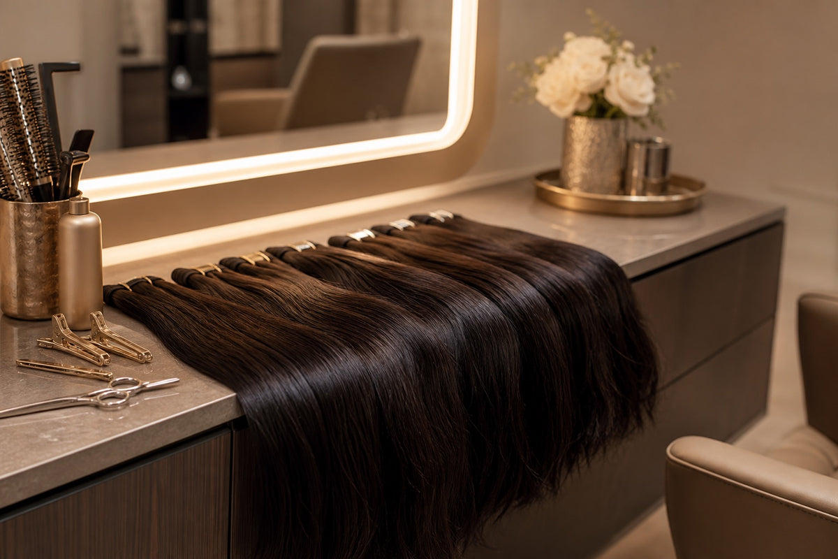 An elegant salon station with organized hair extension wefts ready to launch.