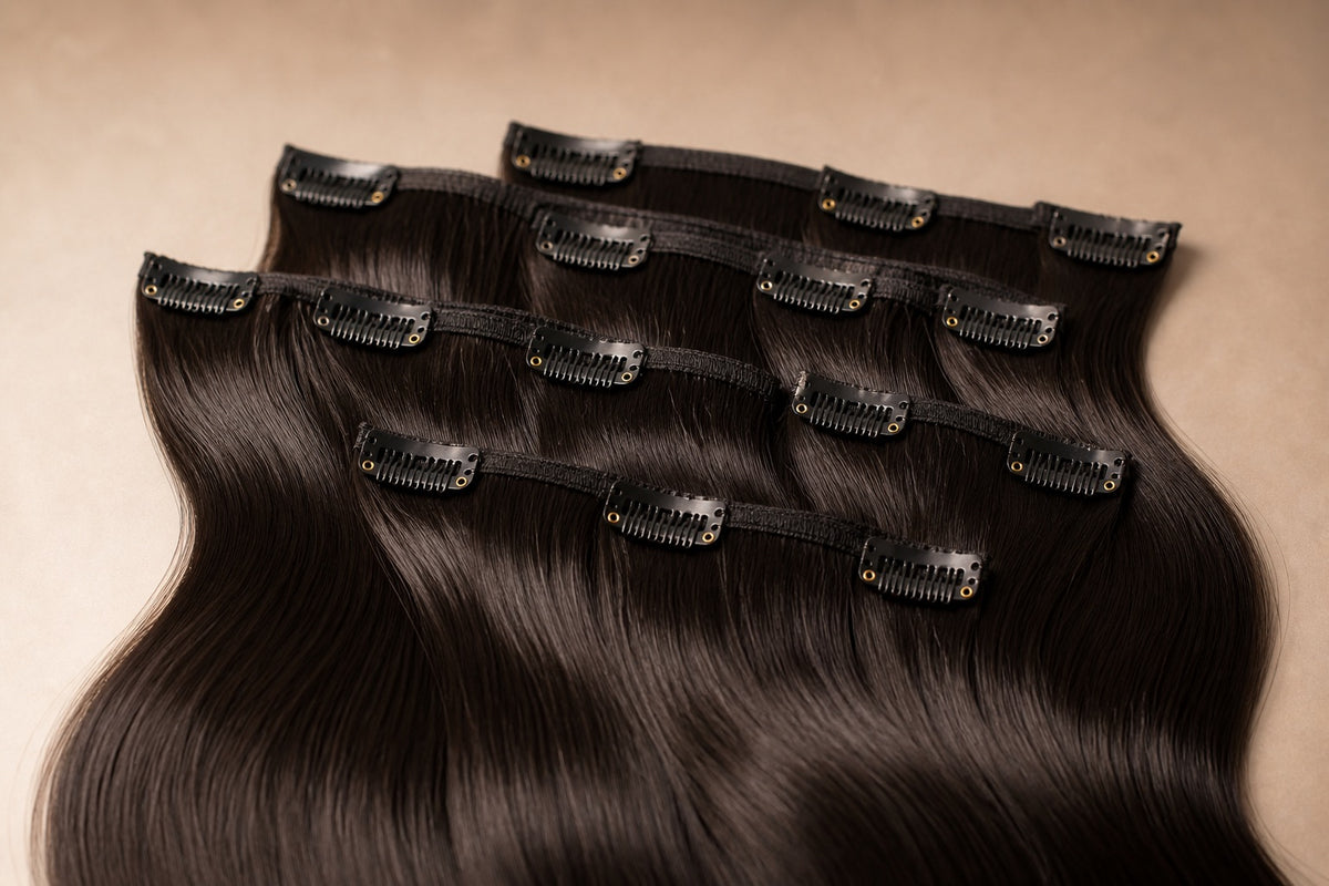 A set of dark clip-in hair extension wefts laid out showing the clip combs.
